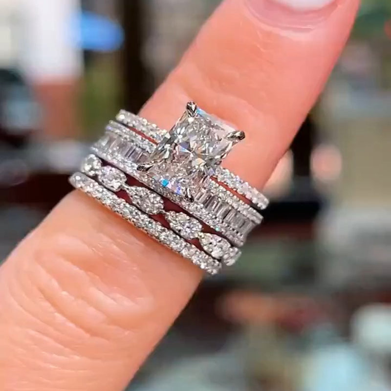4PCS Radiant Cut Ring With Baguette & Pear Band Bridal Set in Sterling Silver Shineofdiamond