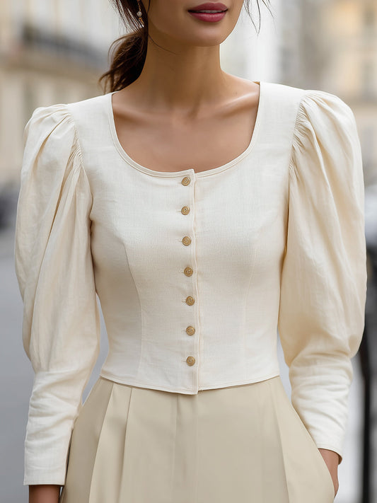 Romantic Puff-Sleeve Square-Neck Buttoned Blouse MLZ