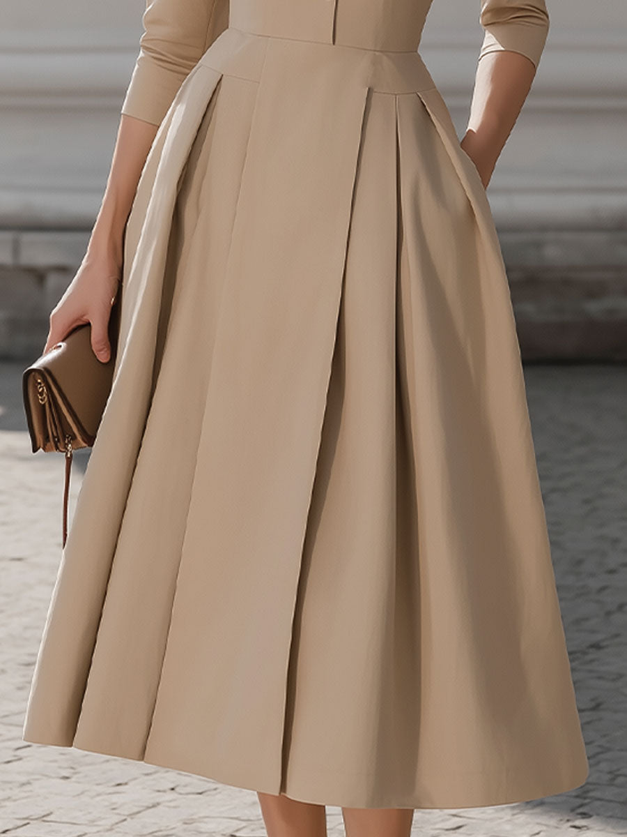 Casa Laro Beige Shirt-Collar Pleated Midi Dress SN
