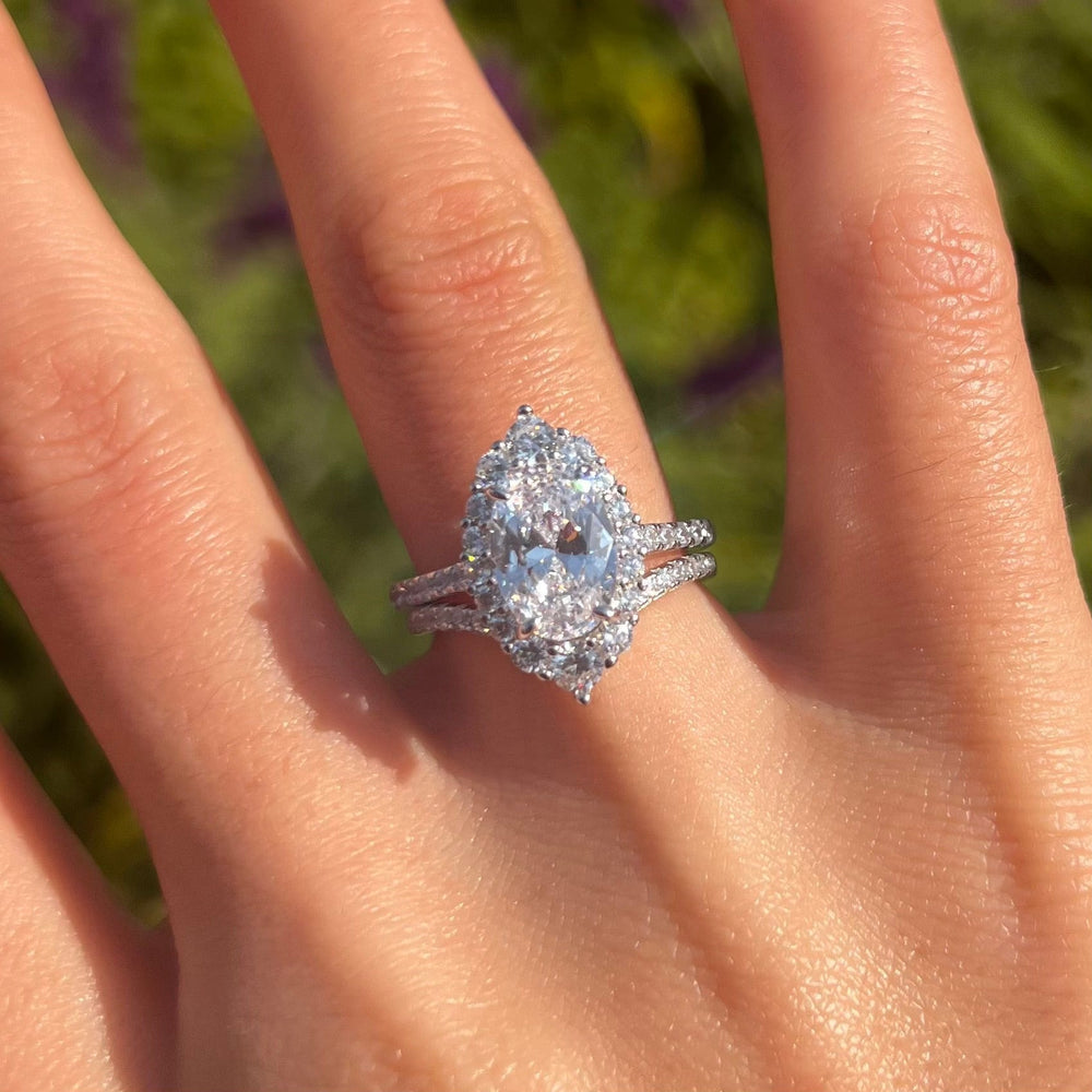 Vintage 2 Pcs Oval Halo Sterling Silver Bridal Set With V Shape Band Shine of Diamond