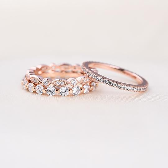 Art Deco Rose Golden Tone 3-Pieces Stackable Wedding Band Set Shineofdiamond
