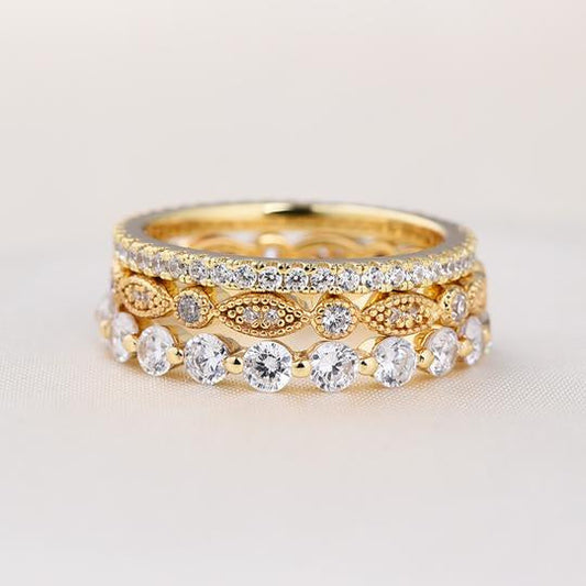 3Pcs Art Deco Golden Tone 3-Pieces Stackable Wedding Band Set Shineofdiamond