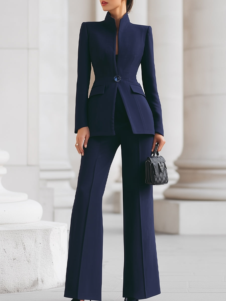 Sophisticated  High-Collar Blazer & Wide-Leg Trousers Set SN