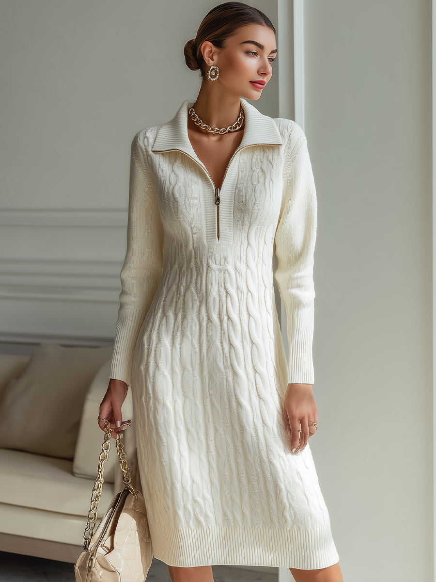 Elegant Zip-Front Knitted Sweater Dress In Ivory ZJ