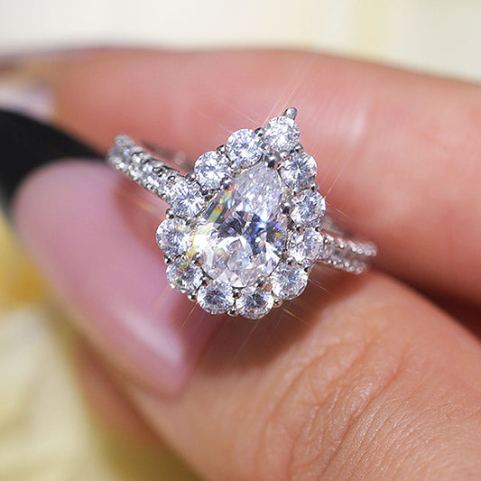 Stunning Pear Cut Halo Design Sterling Silver Engagement Ring Shine of Diamond