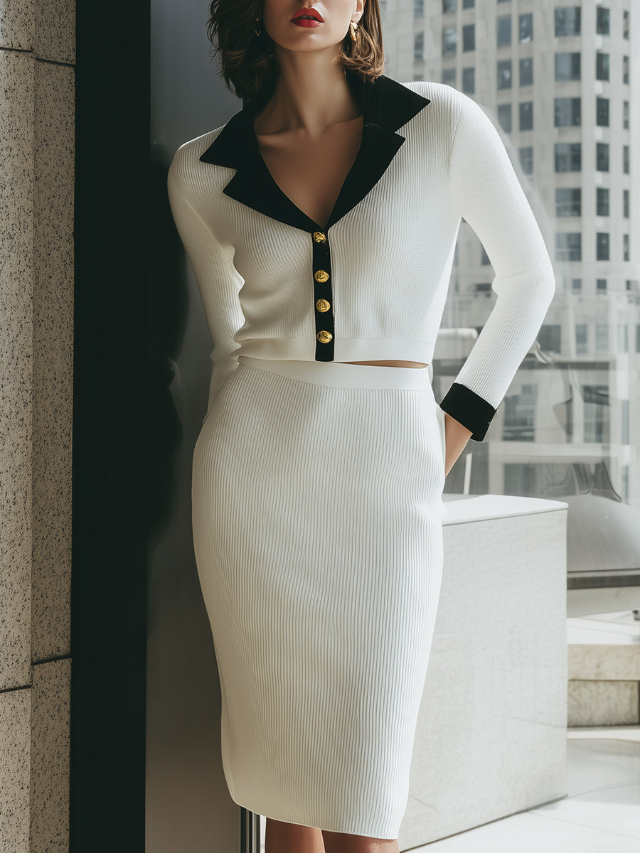 Contrast Collar Knit Top & Midi Skirt Elegant Two-Piece Set ZJ