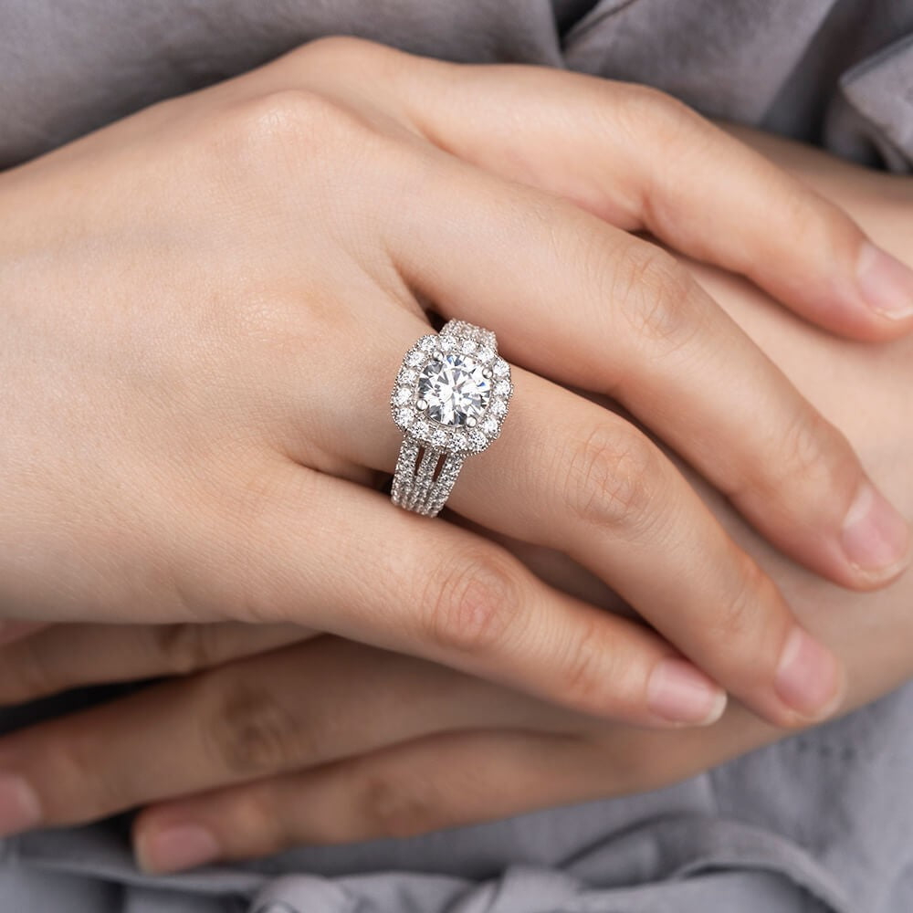 3.25ct Round Cut Sterling Silver Halo Triple Band Engagement Ring Shineofidamond