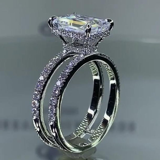 7.4CT Emerald Cut Engagement Ring In Sterling Silver Shineofdiamond