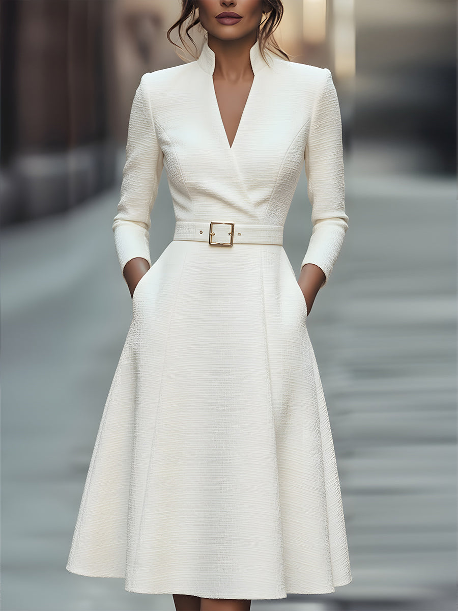 White Textured Belted Midi Dress With V-Neckline ZJ