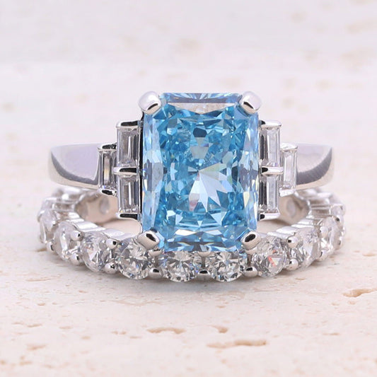 4.0CT. Radiant Cut Blue Gemstone Engagement Ring Set shine of diamond