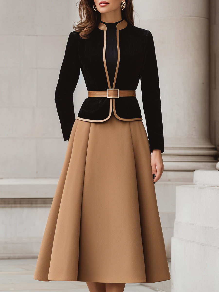 Two-Tone Trim Blazer And A-Line Midi Skirt Set MLZ