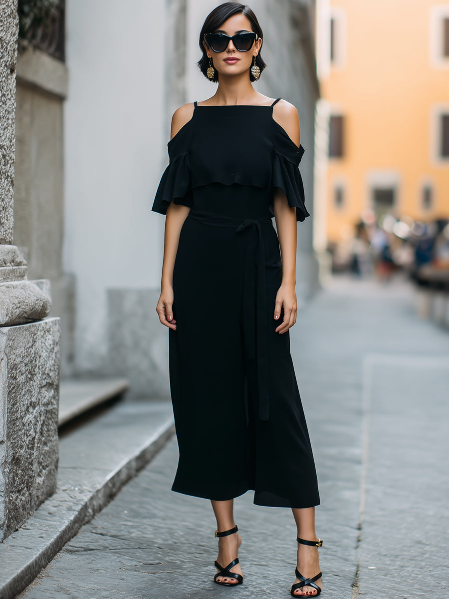 Elegant Cold-Shoulder Ruffle Detail Midi Dress HWT
