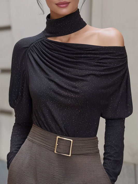 Asymmetric High-Neck One-Shoulder Sparkle Knit Top MLZ