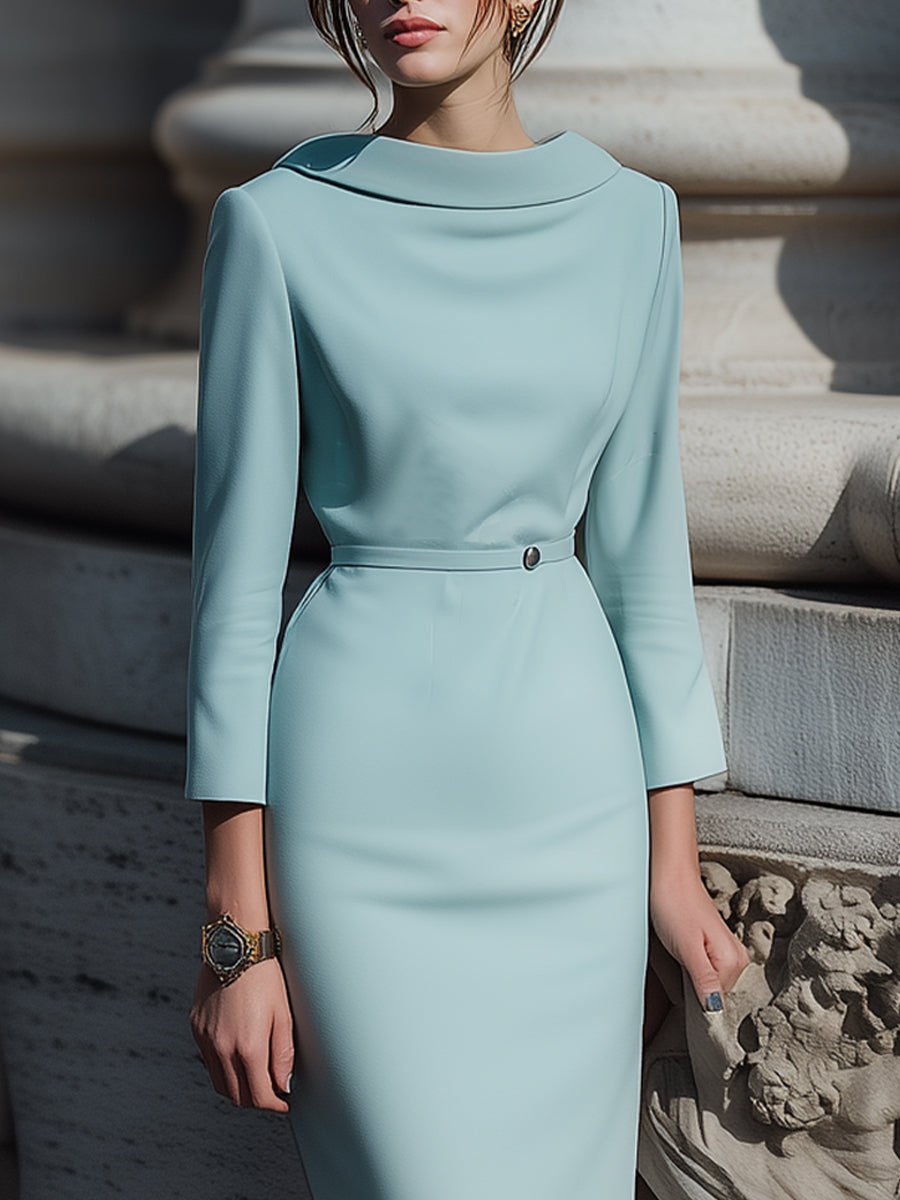 Draped Collar Pencil Midi Dress In Powder Blue XYS
