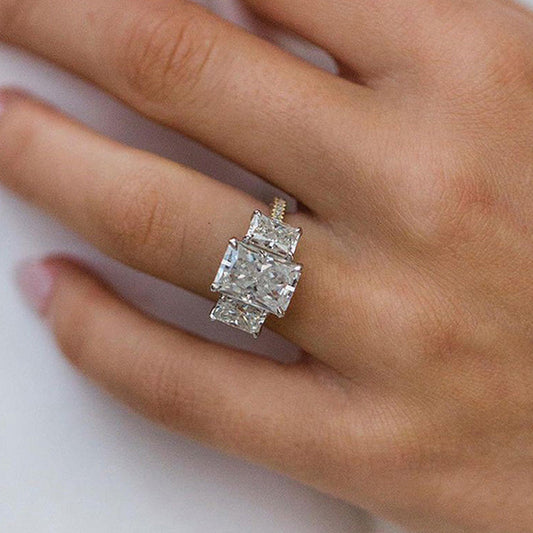 Luxurious Two-Tone Three Stone Radiant Cut Sterling Silver Engagement Ring Shineofdiamond
