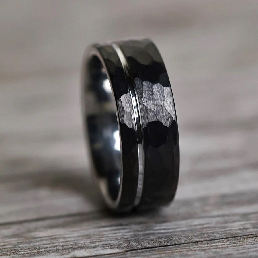 Hammered Black Tungsten Carbide Minimalist Men's Wedding Band Juluro