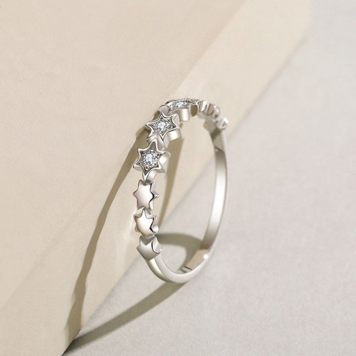 Cute Star Design Sterling Silver Band Shine of Diamond