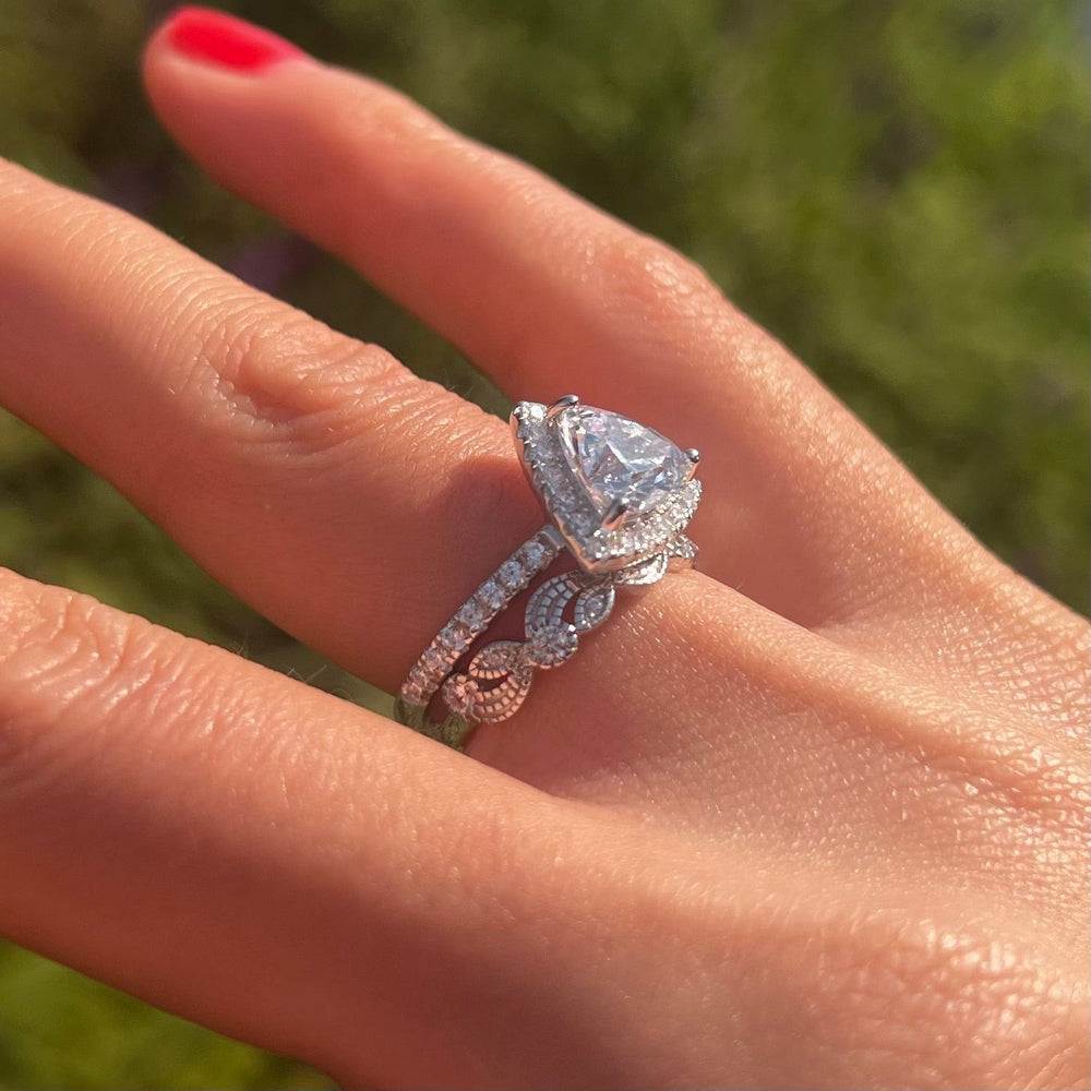 Unique 2 Pcs Triangle Shape Sterling Silver Bridal Set Shine of Diamond