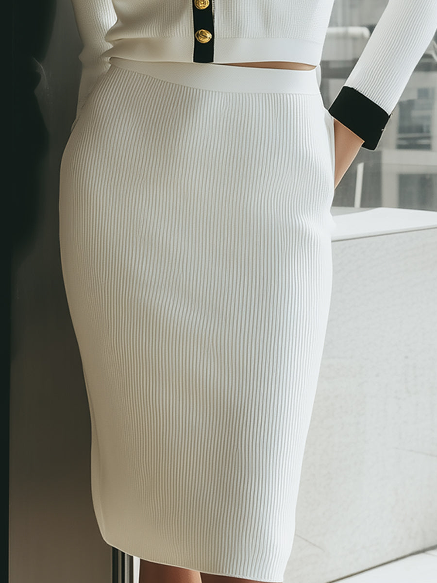 Contrast Collar Knit Top & Midi Skirt Elegant Two-Piece Set ZJ