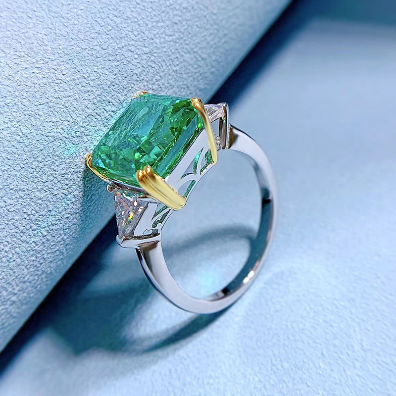 Two Tone Radiant Cut Three Stone Paraiba Sterling Silver Engagement Ring Shineofdiamond