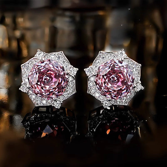 Pink Flower Design Sterling Silver Stud Earrings Shine of Diamond