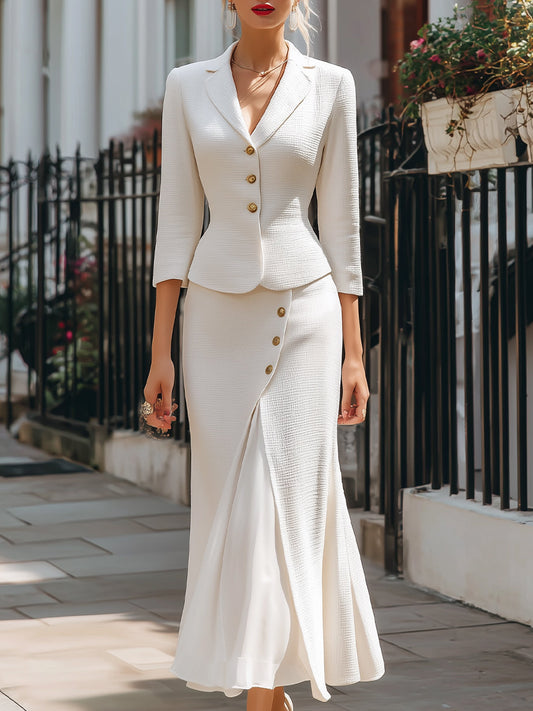 Elegant Textured Buttoned Blazer & Midi Skirt Set HWT