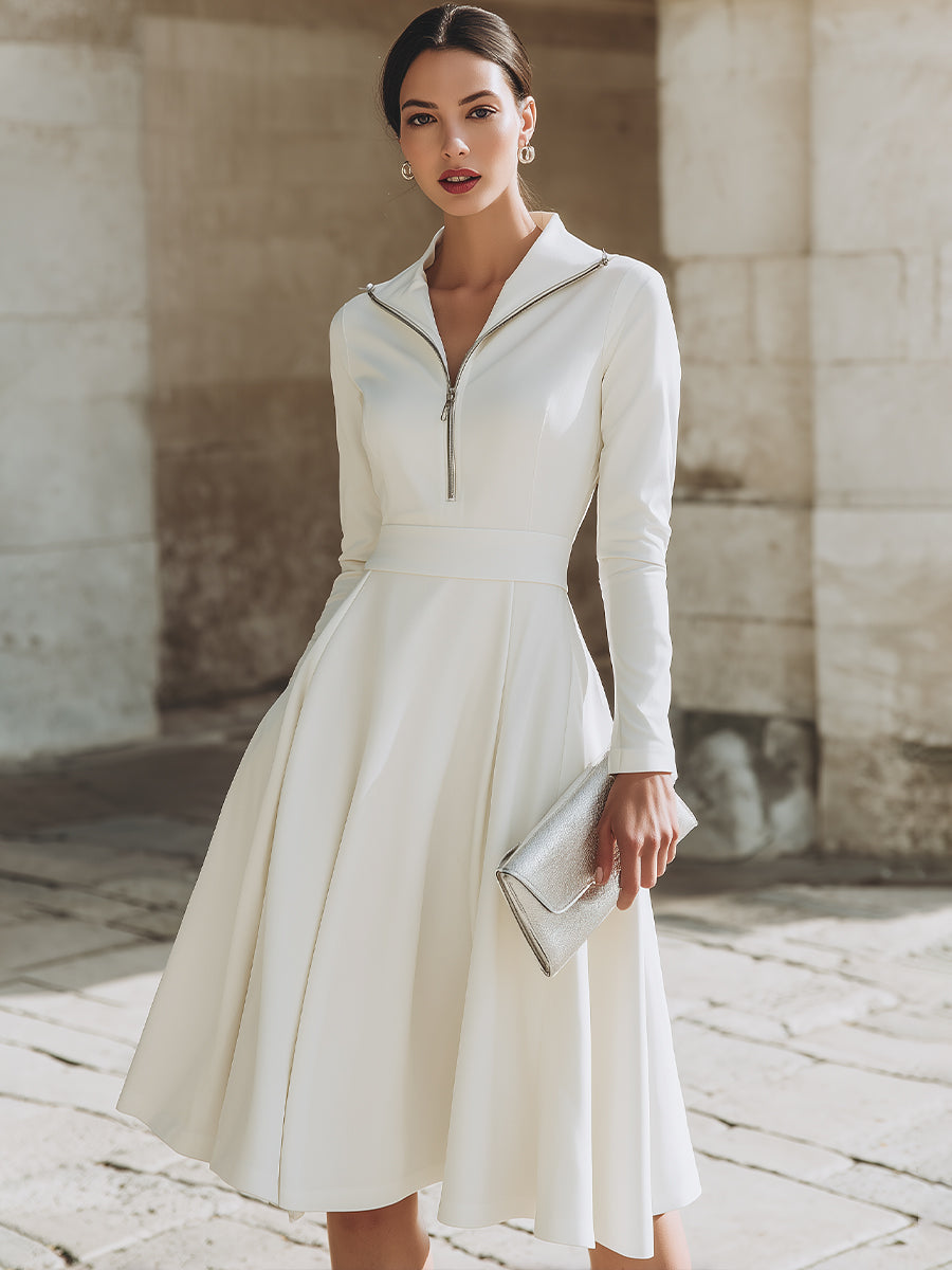 Zip-Front Long Sleeve Fit-and-Flare Midi Dress XYS
