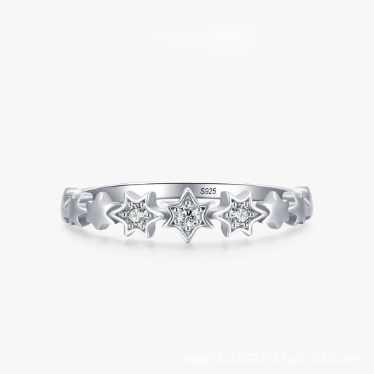 Cute Star Design Sterling Silver Band Shine of Diamond