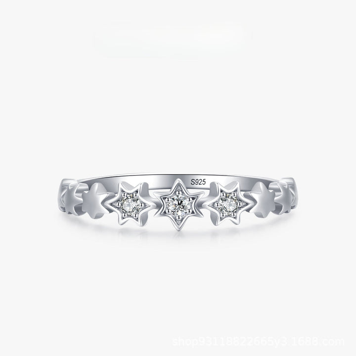 Cute Star Design Sterling Silver Band Shine of Diamond
