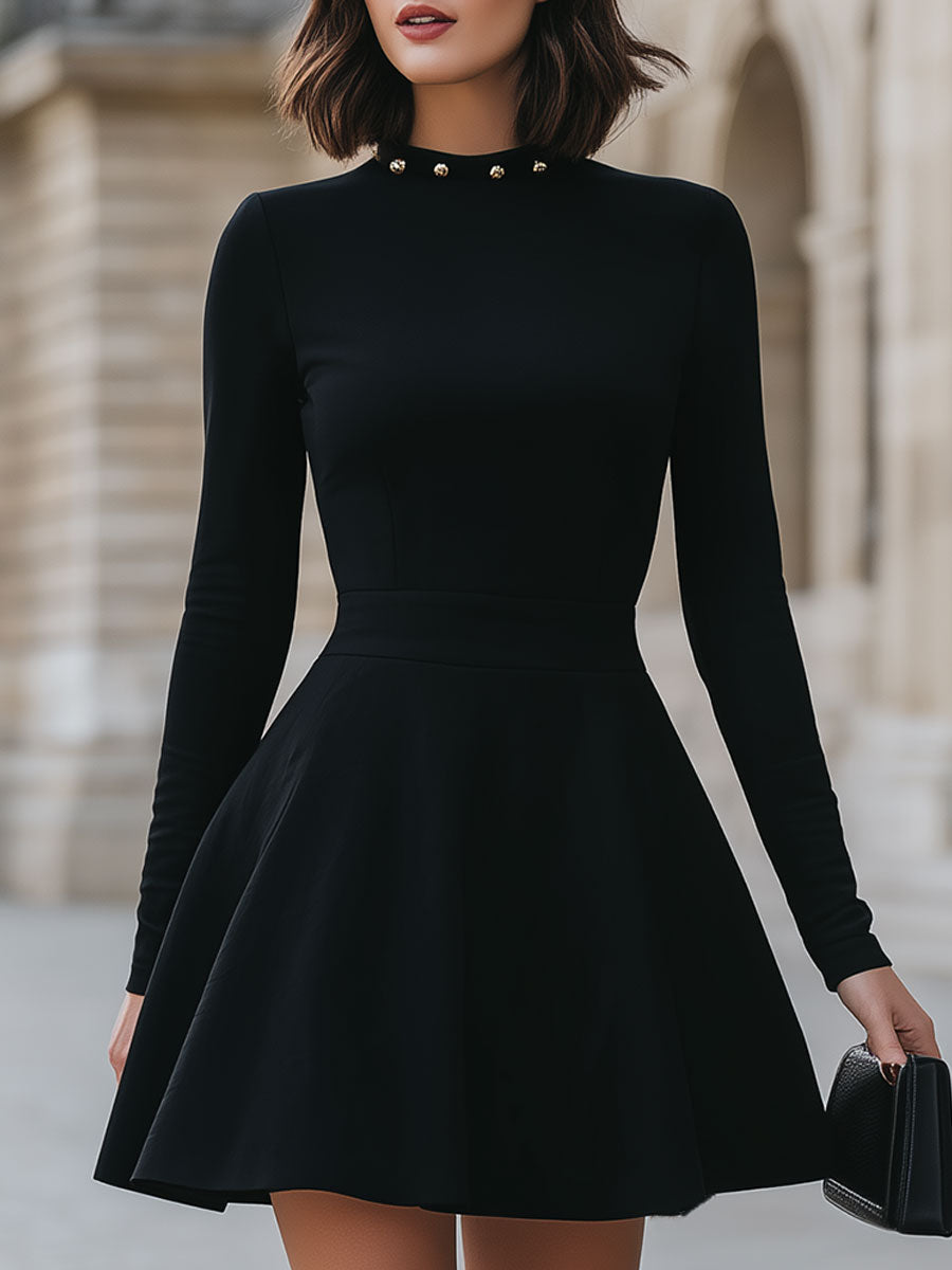 Elegant Black Studded Neckline Dress SN