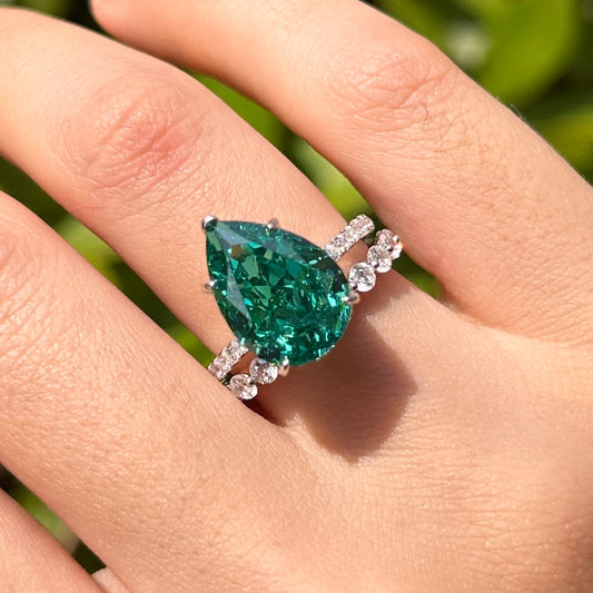 Sparkling Emerald Green Pear Cut Sterling Silver Bridal Set Carly Jewelry