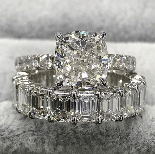 Cushion Cut 4 Prong Eternity 925 Sterling Silver Bridal Set Shineofidamond
