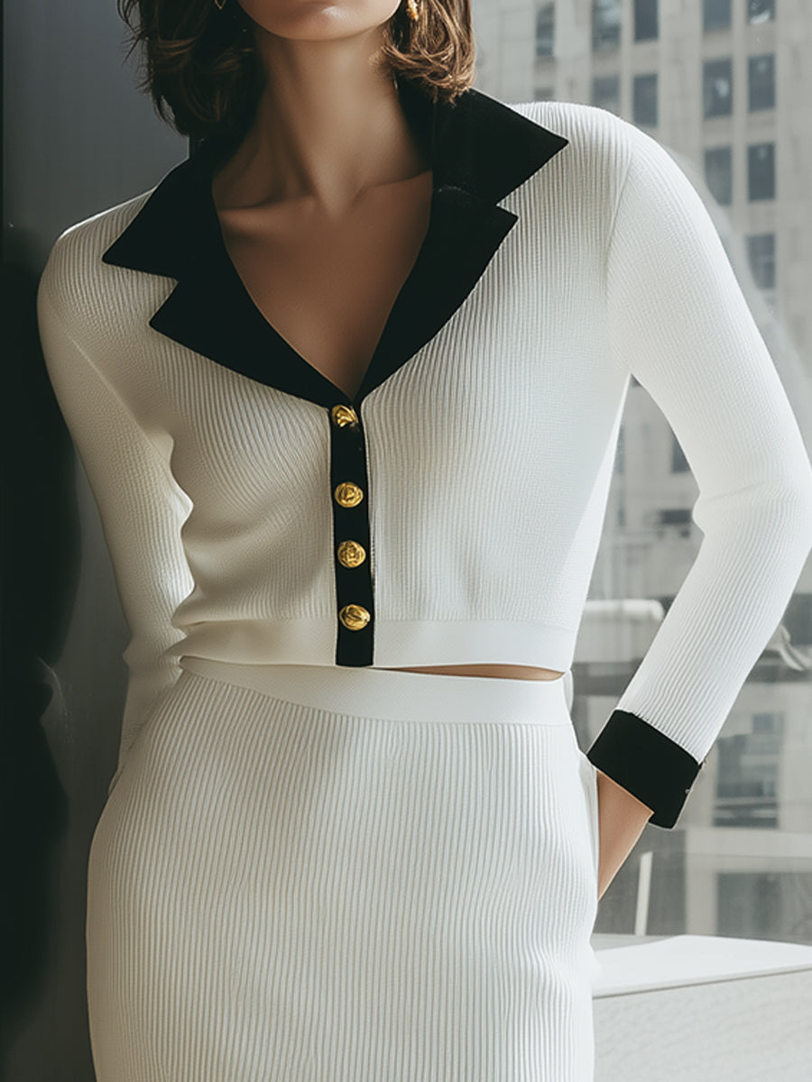 Contrast Collar Knit Top & Midi Skirt Elegant Two-Piece Set ZJ
