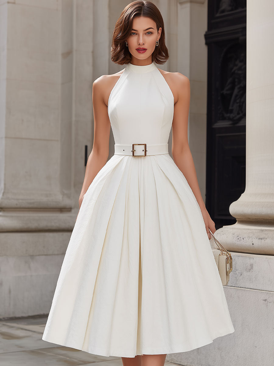 Ivory Halter Neck Pleated Midi Dress SN