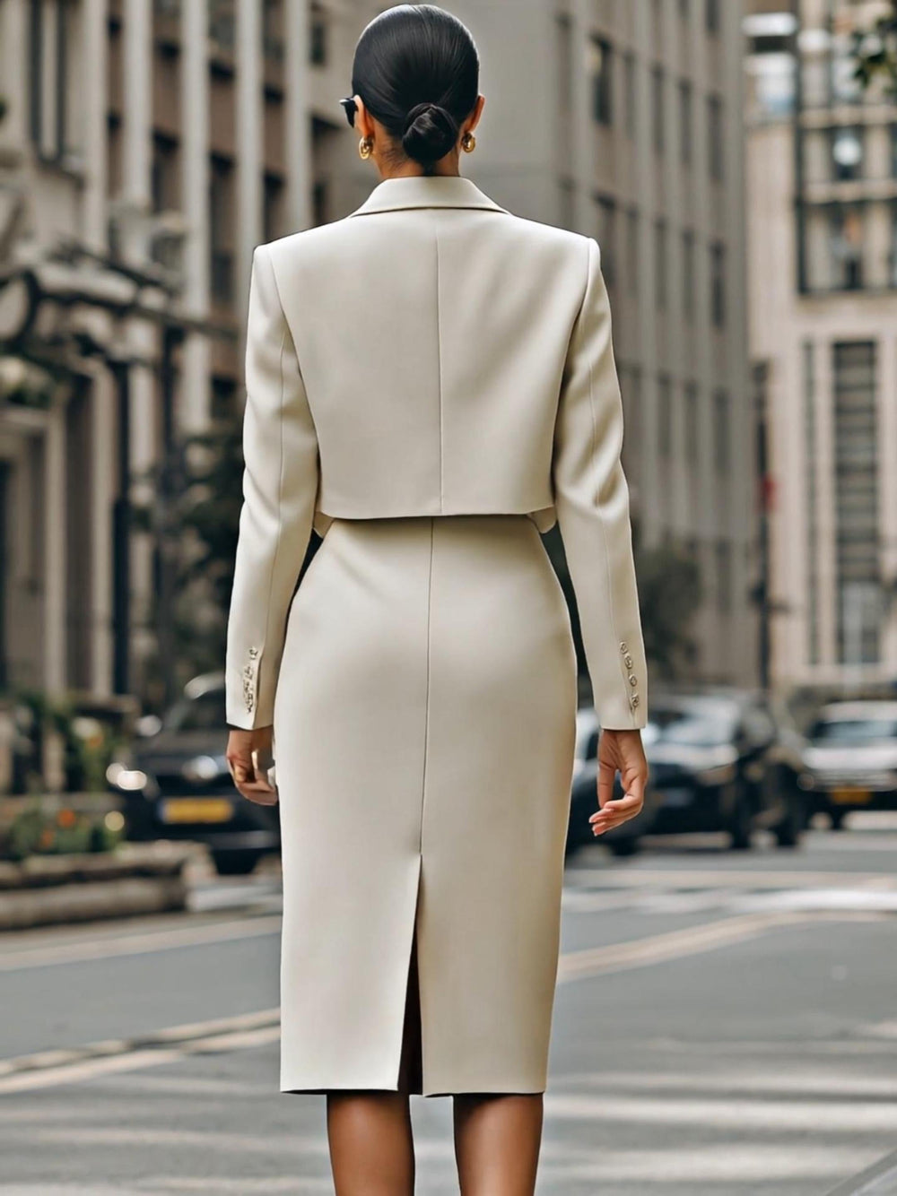 Cream Cropped Blazer And High-Waisted Pencil Skirt Set With Belt XYS