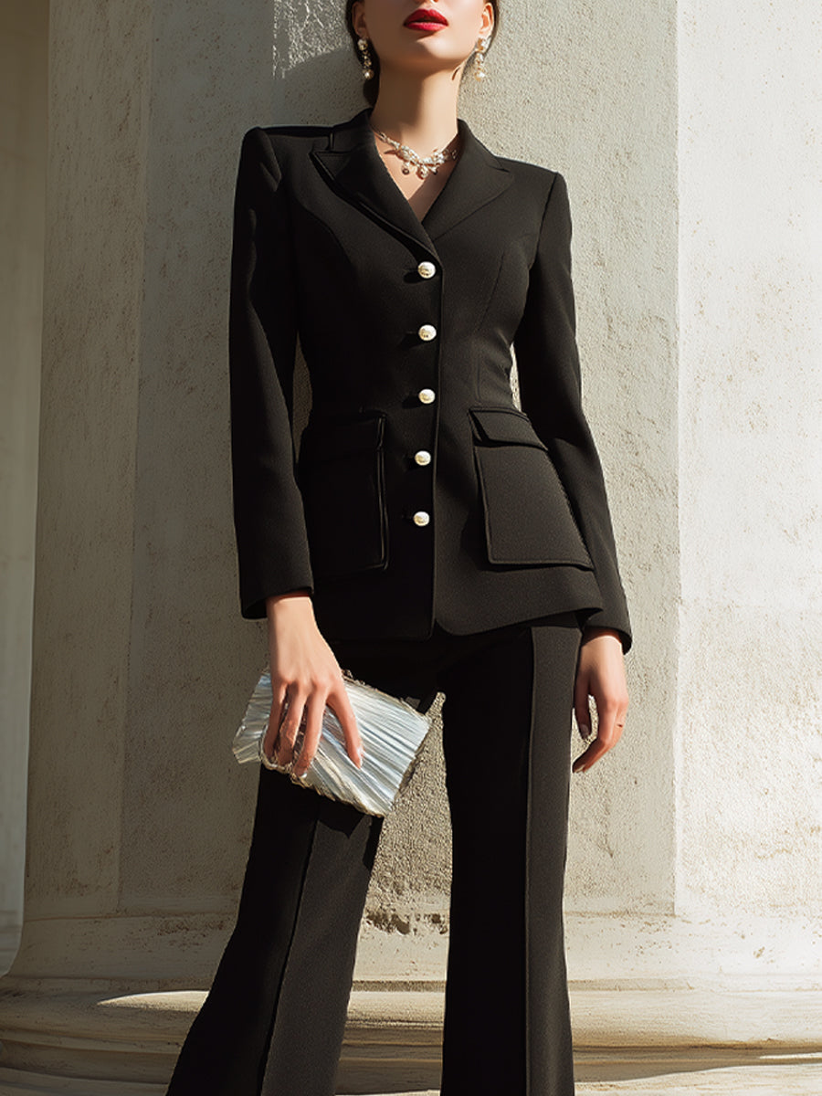 Tailored Button-Front Blazer Set With Flared Pants XYS