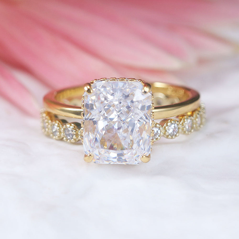 2 Pcs Radiant Cut With Hidden Halo Design Sterling Silver Ring Set Shine of Diamond