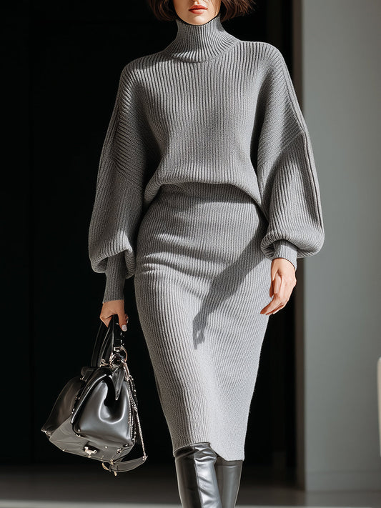 Gray Ribbed Turtleneck Batwing Sweater Dress XYS
