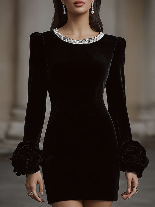 Elegant Velvet Mini Dress With Embellished Neckline And Floral Cuff Detail HWT