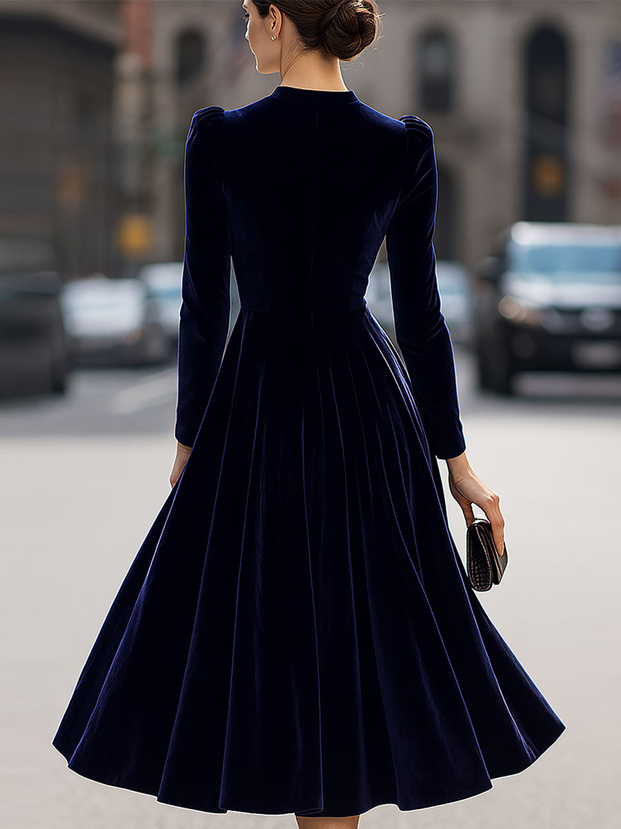 Luxurious   Velvet Long-Sleeve Midi Dress SN