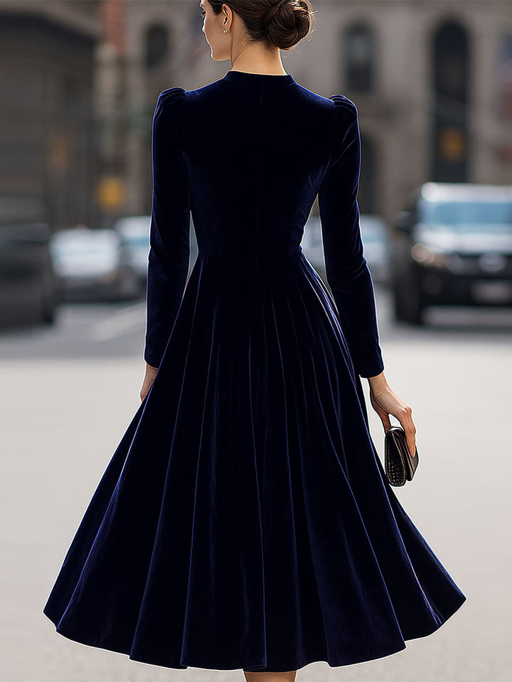 Luxurious   Velvet Long-Sleeve Midi Dress SN
