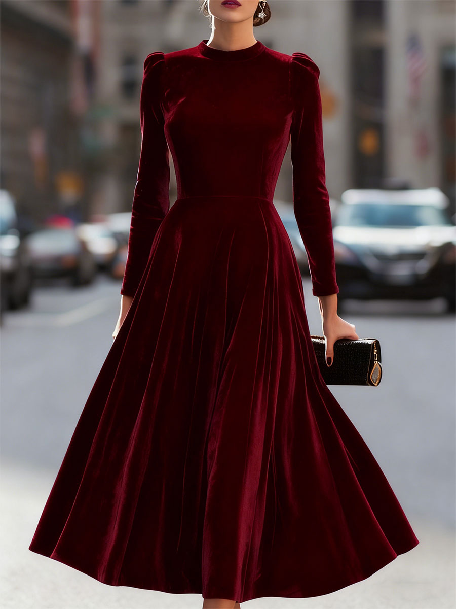 Luxurious   Velvet Long-Sleeve Midi Dress SN