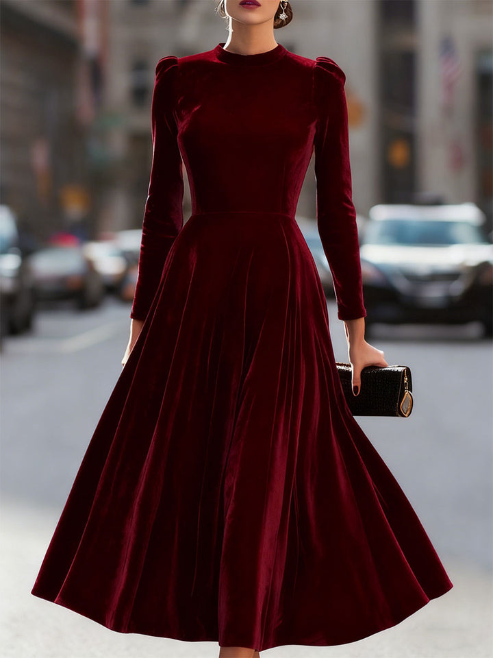 Luxurious   Velvet Long-Sleeve Midi Dress SN