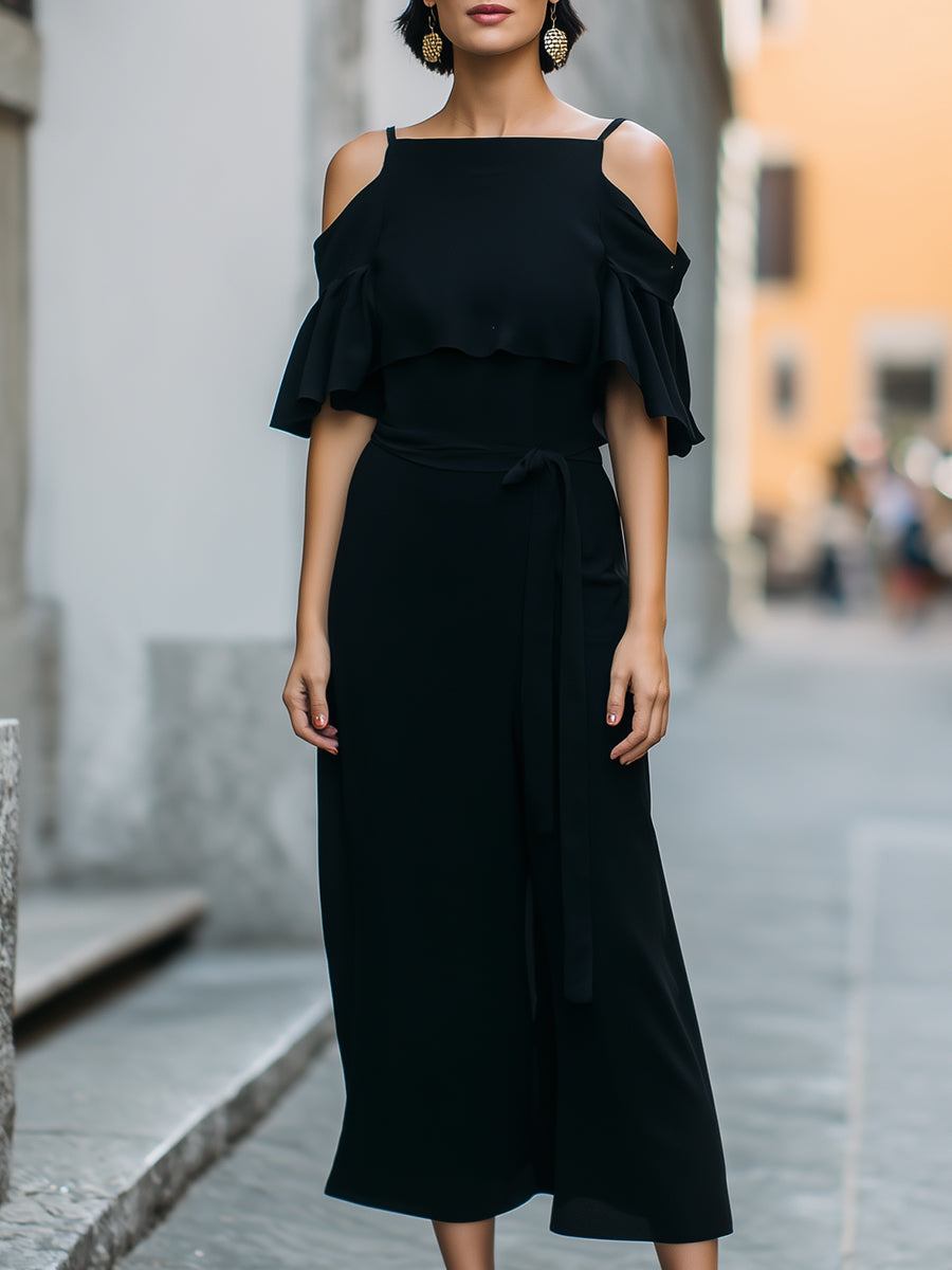 Elegant Cold-Shoulder Ruffle Detail Midi Dress HWT