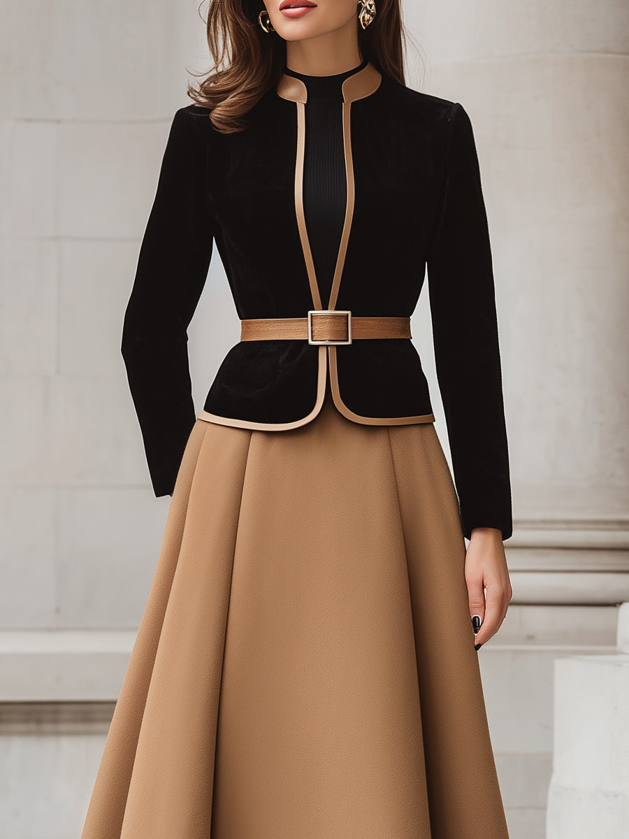 Two-Tone Trim Blazer And A-Line Midi Skirt Set MLZ