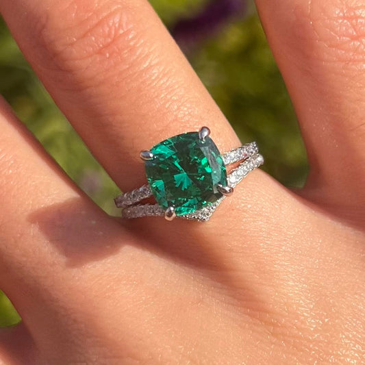 Vintage 2 Pcs Green Cushion Cut Hidden Halo Bridal Sets In Sterling Silver Shine of Diamond