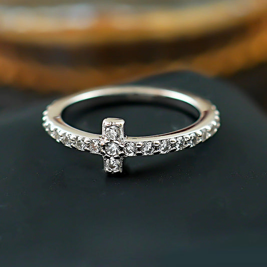 Simple Cross Design Sterling Silver Wedding Band Shine of Diamond