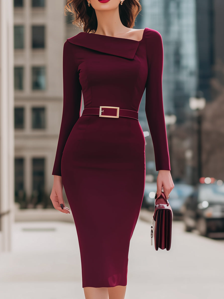Elegant Wine Red Belted Pencil Midi Dress SN