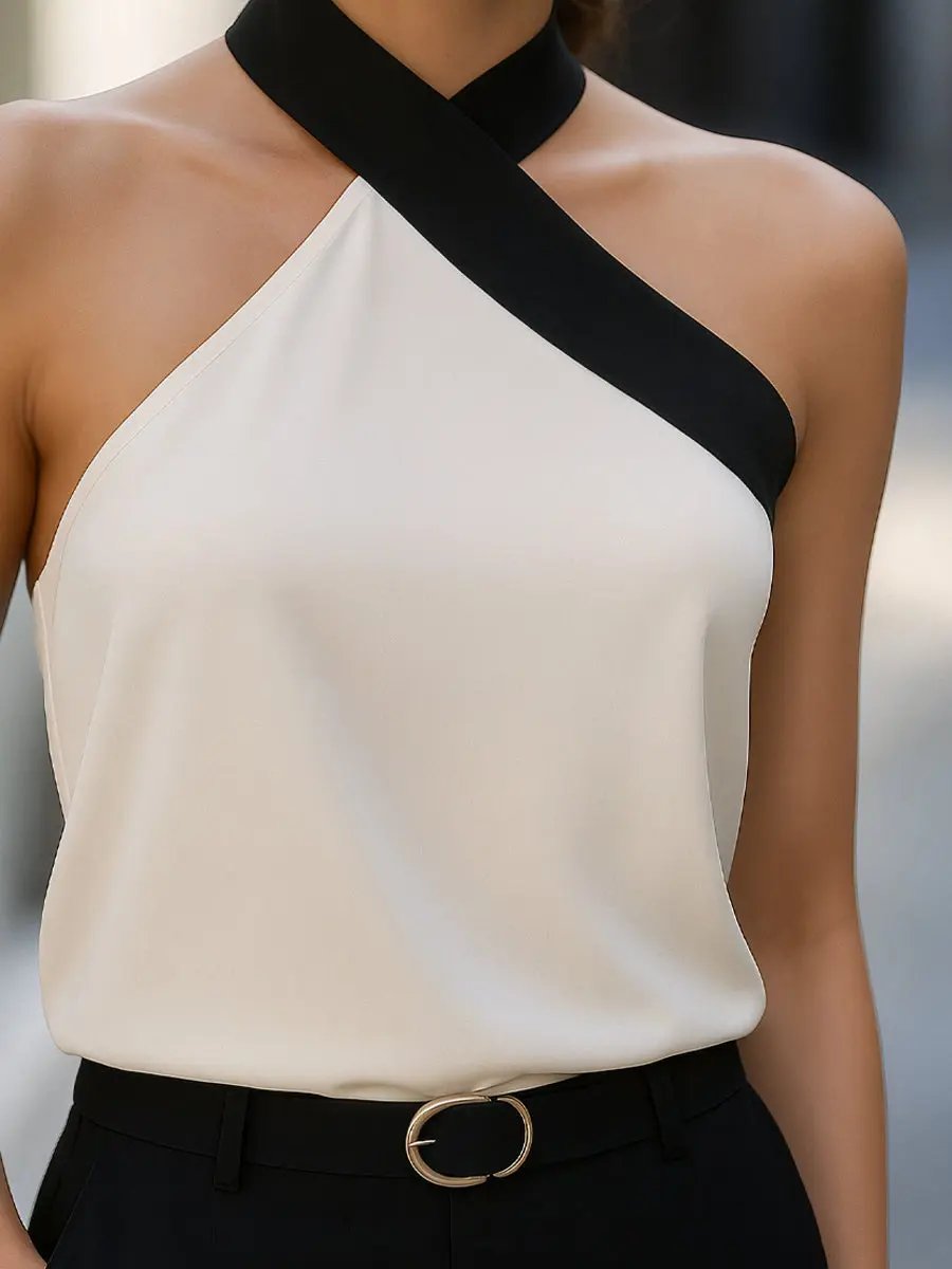 Asymmetric Halter With Contrast Trim - Sleeveless Blouse CAAYWORLD