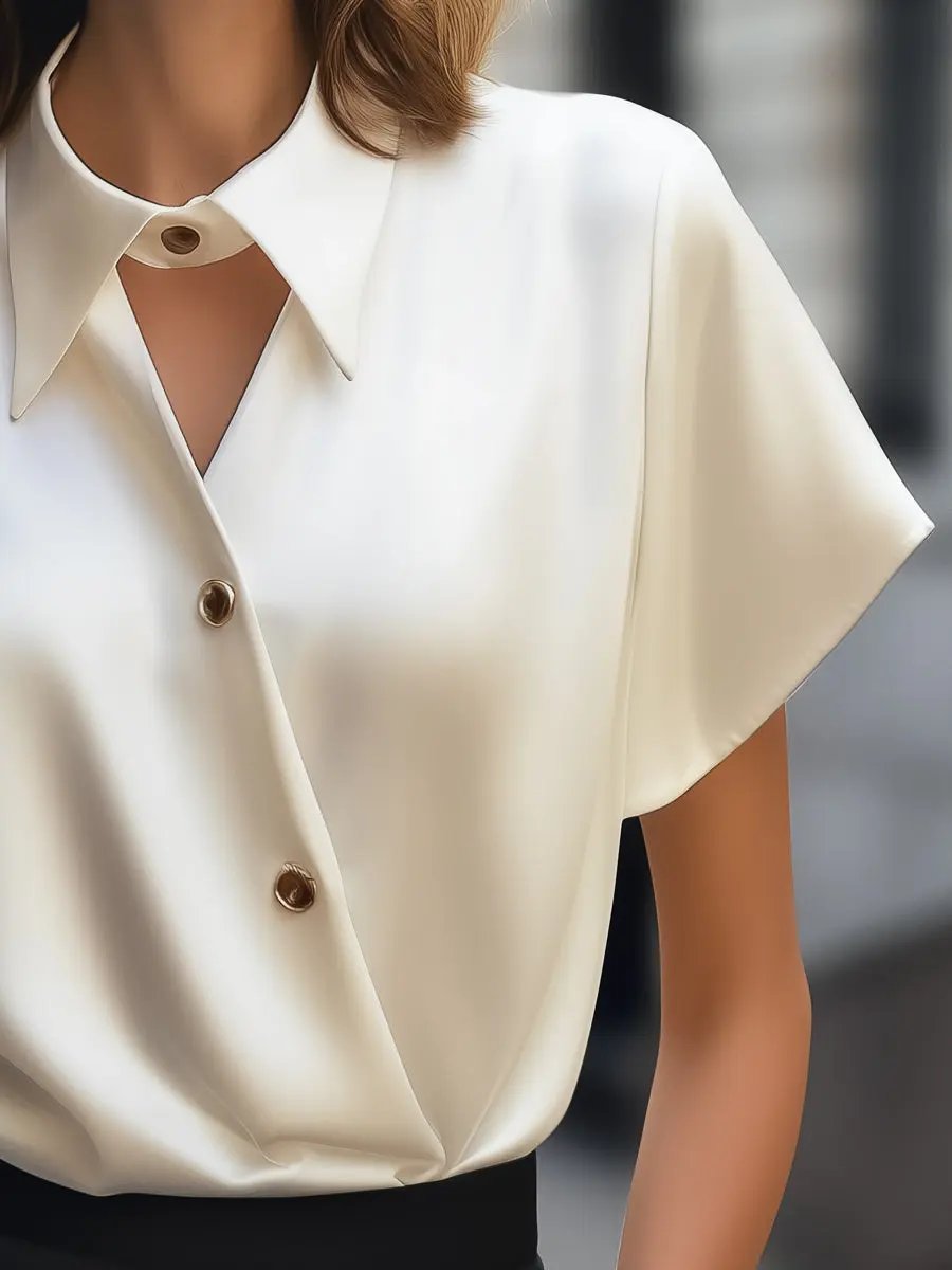 Asymmetric Satin Button-Down with Cutout Collar - Blouse CASA LARO